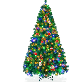 7ft Pre-Lit Artificial Christmas Tree, Hinged Xmas Tree With 400 Multi-Color LED Lights