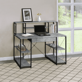 Black Office Desk With Open Shelves And Hutch (Color: Grey)