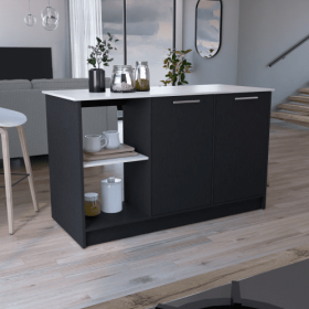 Juniper Kitchen Island, Four Open Shelves, Two Cabinets -Light Oak (Option: Black2)