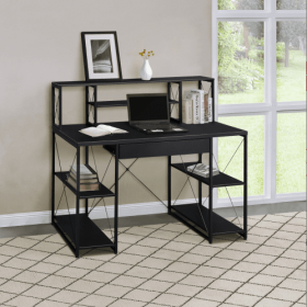 Black Office Desk With Open Shelves And Hutch (Color: Black)