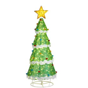 6FT Lighted Christmas Tree Yard Decorations, Pre-lit Pull Up Christmas Tree With 200 LED Warm White Lights And Ropes Stakes For Xmas Outdoor Holiday I (Option: as picture)