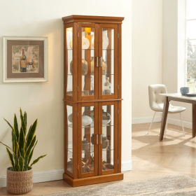 Curio Cabinet Lighted Curio Diapaly Cabinet With Adjustable Shelves And Mirrored Back Panel, Tempered Glass Doors (Option: Oak)
